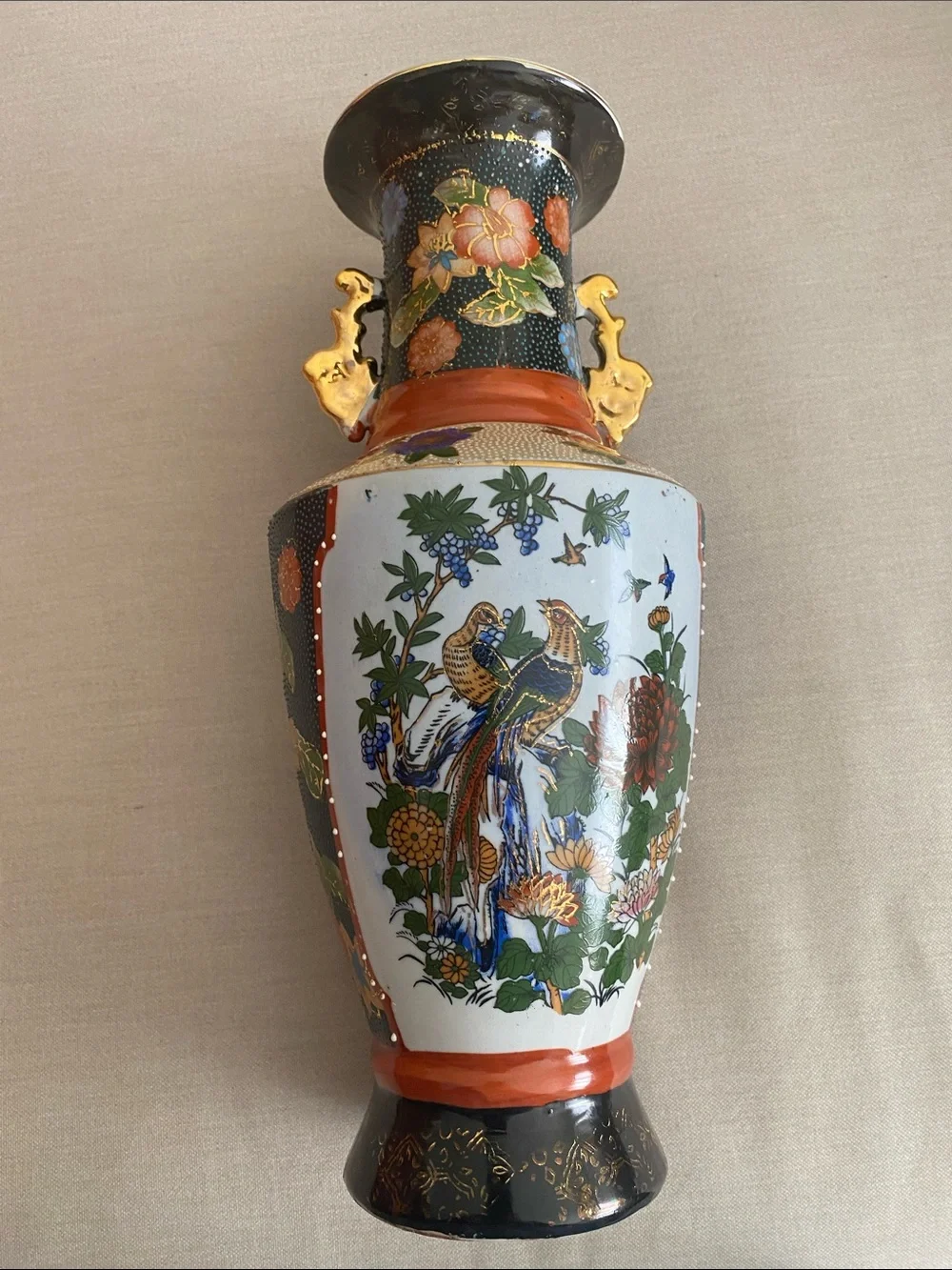 Vintage Chinese Satsuma Style Porcelain Vase 11” Bird Flower Moriage Decor